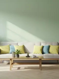 Sala de estar moderna con paredes recién pintadas en un tono verde suave, con muebles de madera natural y plantas, reflejando un ambiente ecológico y saludable.