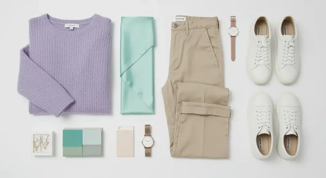 Disposición de prendas de ropa en una paleta de colores armoniosa para un look moderno en 2025.