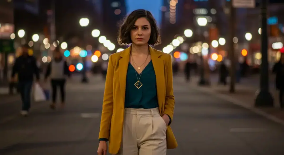 Mujer elegante combinando colores de ropa en un look moderno y sofisticado en una ciudad de Estados Unidos en 2025.
