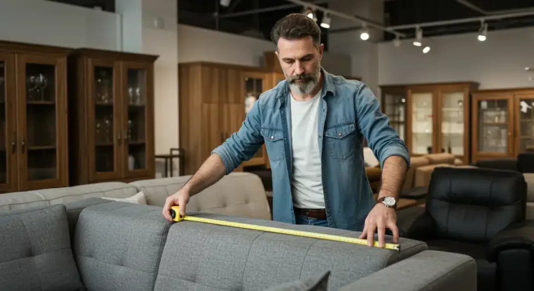 Persona midiendo un sofá en tienda de muebles para asegurar el ajuste perfecto.