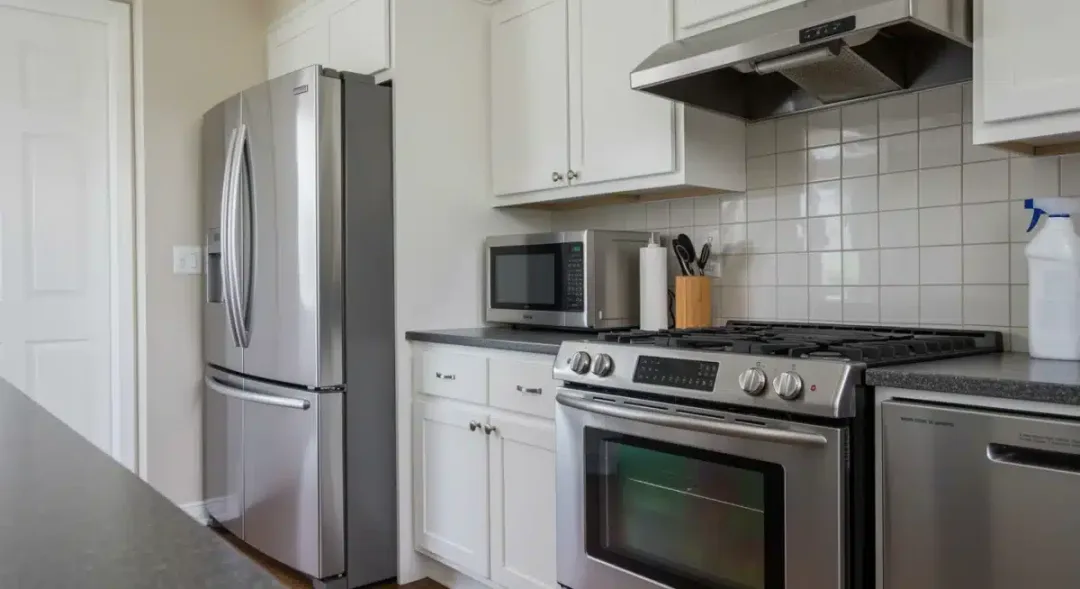 Cocina moderna en Estados Unidos con electrodomésticos limpios y relucientes.