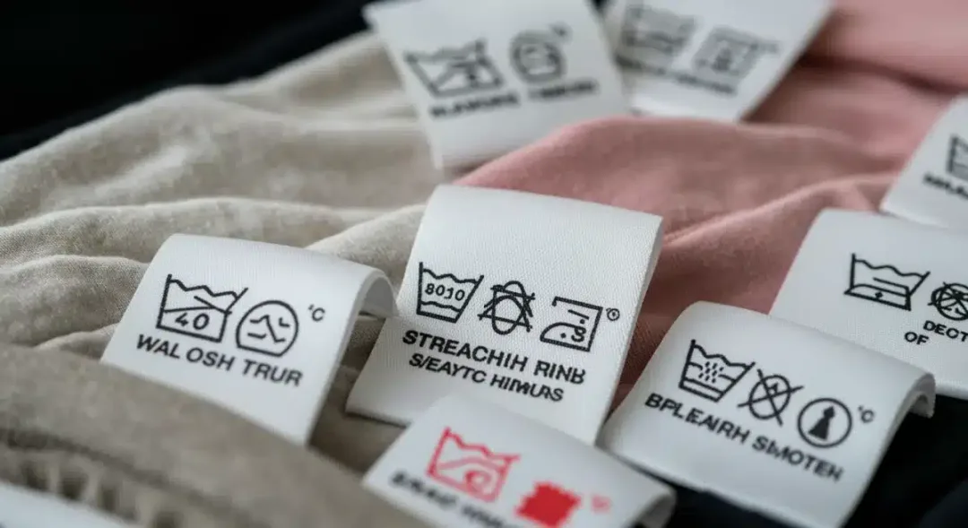 Etiquetas de cuidado de ropa con símbolos de lavado y secado.