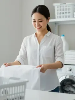 Mujer doblando ropa limpia en un cuarto de lavandería moderno y organizado.