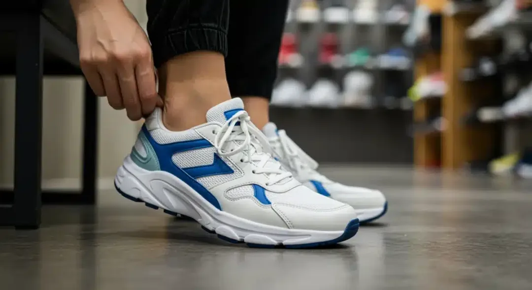 Persona probándose zapatos deportivos, asegurándose de un ajuste perfecto y cómodo.