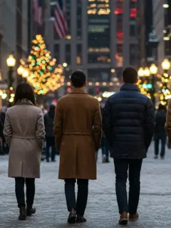 Personas con abrigos de invierno en una calle nevada de Estados Unidos