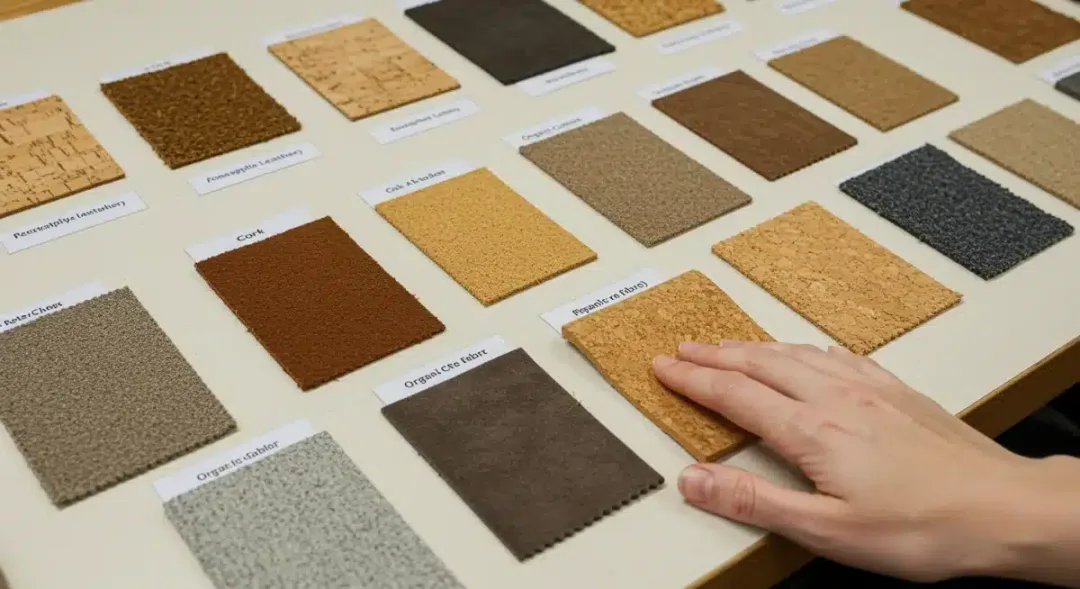 Muestra de materiales para calzado sostenible: corcho, cuero de piña, algodón orgánico.