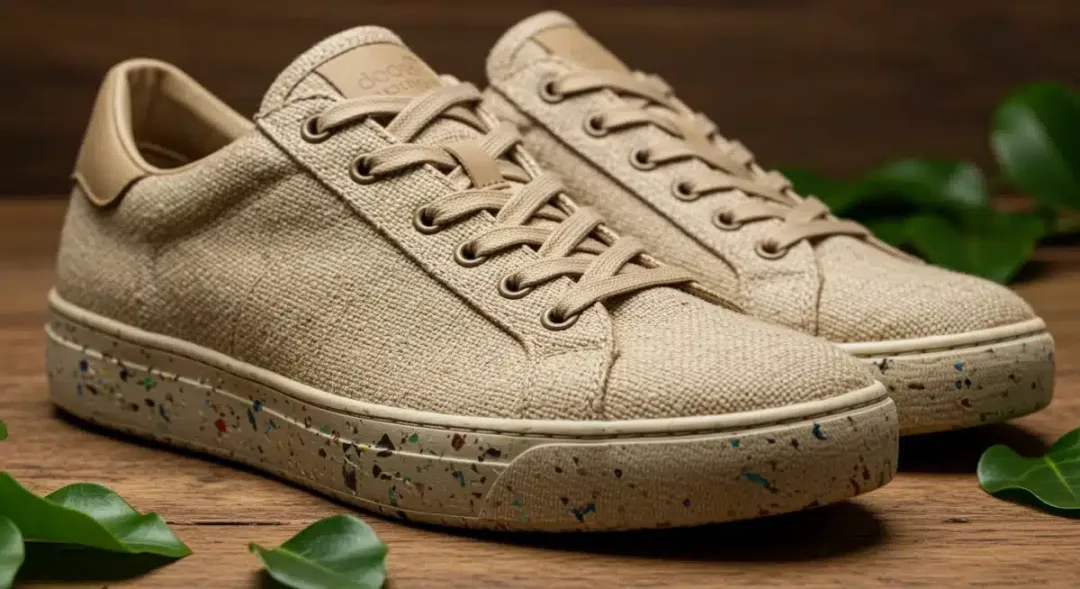 Zapatillas sostenibles de cáñamo y suela reciclada sobre madera.