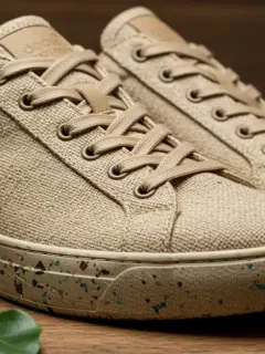 Zapatillas sostenibles de cáñamo y suela reciclada sobre madera.