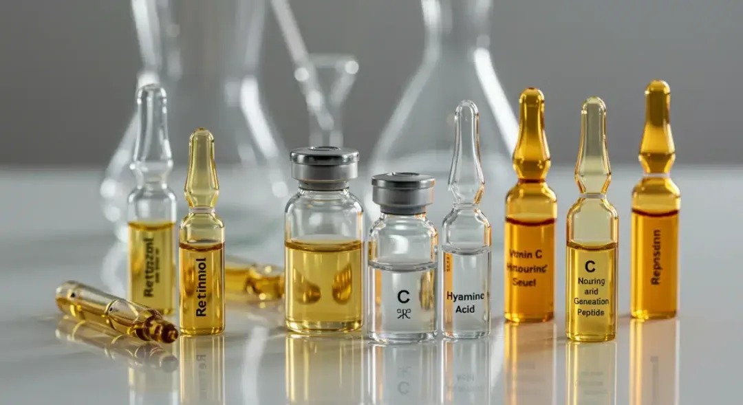 Ingredientes clave como retinol, vitamina C y péptidos para una piel joven.