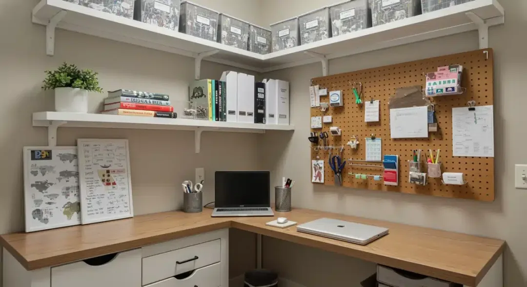 Rincón de oficina en casa bien organizado con estantes de pared y cajones integrados para optimizar el espacio en un apartamento de Estados Unidos.