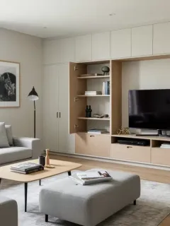 Salón moderno con soluciones de almacenamiento integradas que maximizan el espacio y mantienen el orden en un hogar de Estados Unidos.
