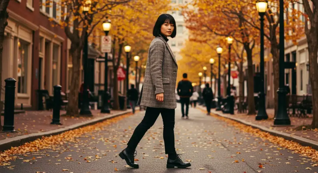 Mujer elegante luciendo calzado de tendencia otoño/invierno 2025 en una calle de Estados Unidos.
