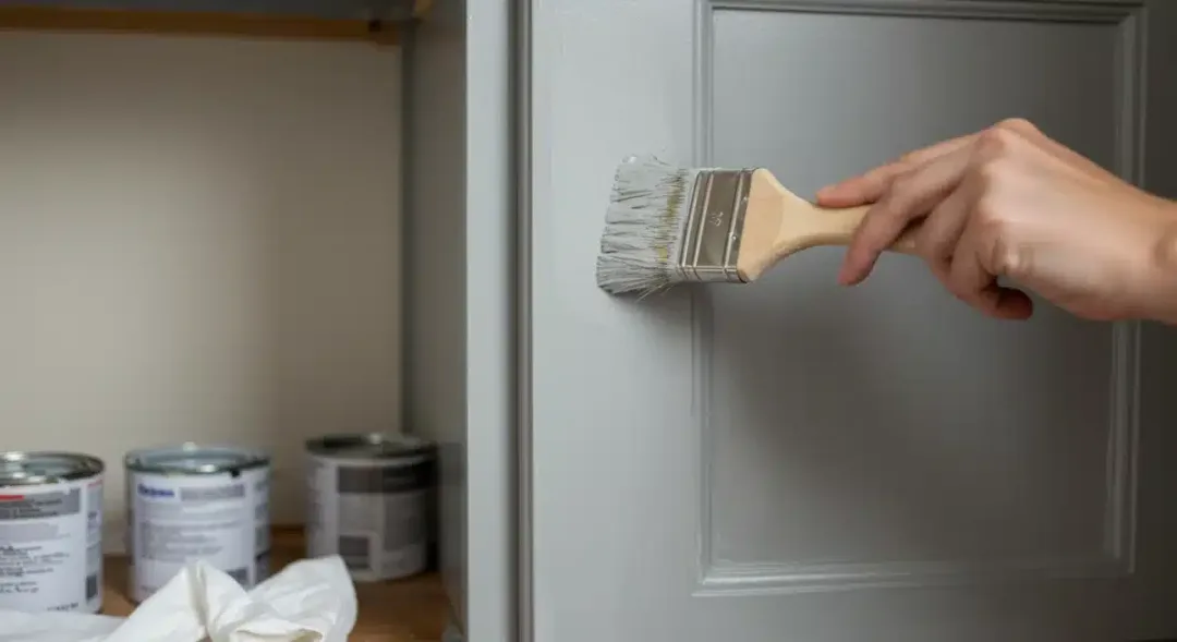 Persona pintando un gabinete de cocina, demostrando una renovación económica DIY con pintura.