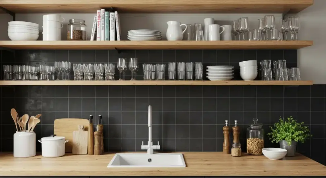 Estanterías abiertas en una cocina exhibiendo vajilla organizada y elementos decorativos.
