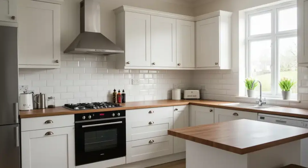Cocina moderna y luminosa con gabinetes blancos y encimera de madera, resultado de una renovación económica en 2025.
