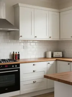 Cocina moderna y luminosa con gabinetes blancos y encimera de madera, resultado de una renovación económica en 2025.