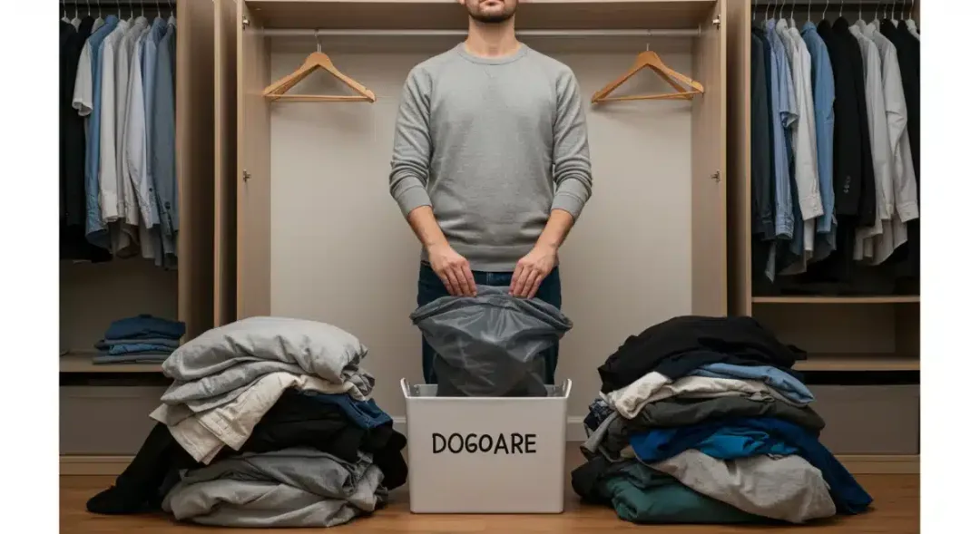 Persona decluttering su armario, clasificando ropa para guardar, donar o desechar, con pilas de ropa en el suelo.