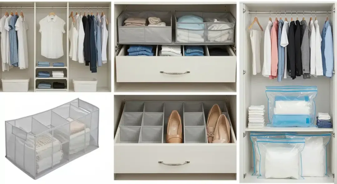 Variedad de organizadores de armario como divisores de cajones, estantes, zapateros colgantes y bolsas al vacío, mostrando soluciones para optimizar el espacio.