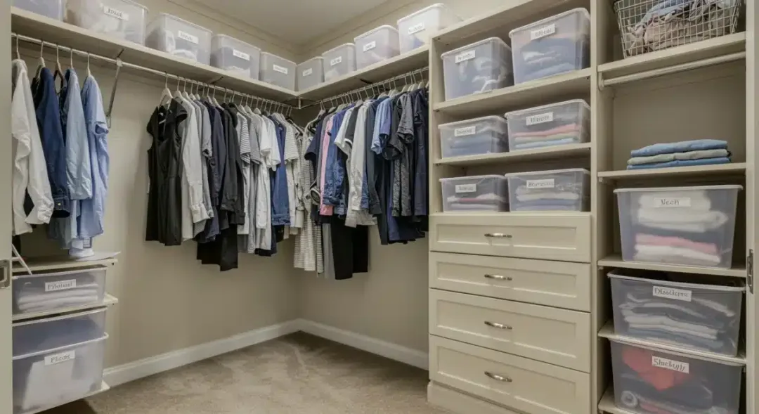 Armario perfectamente organizado en una casa moderna de Estados Unidos, con soluciones de almacenamiento inteligentes y ropa bien clasificada.