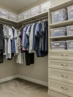 Armario perfectamente organizado en una casa moderna de Estados Unidos, con soluciones de almacenamiento inteligentes y ropa bien clasificada.