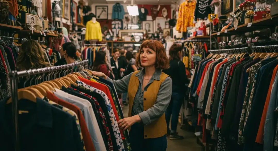 Mujer sonriendo mientras explora ropa vintage colorida en una tienda de Estados Unidos.