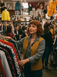 Mujer sonriendo mientras explora ropa vintage colorida en una tienda de Estados Unidos.
