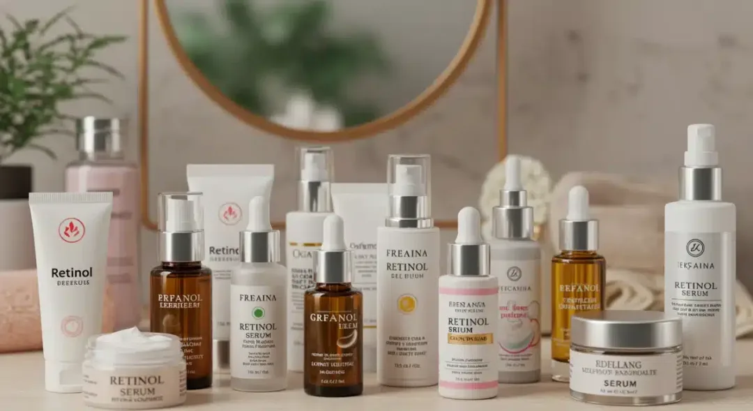 Diversos productos de retinol en diferentes formatos y concentraciones, dispuestos en un tocador, mostrando la variedad disponible.