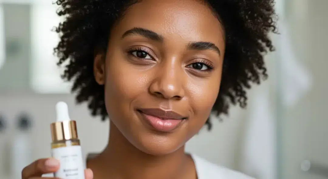 Mujer con piel radiante y saludable, sosteniendo un frasco de retinol, simbolizando los resultados de su uso correcto.