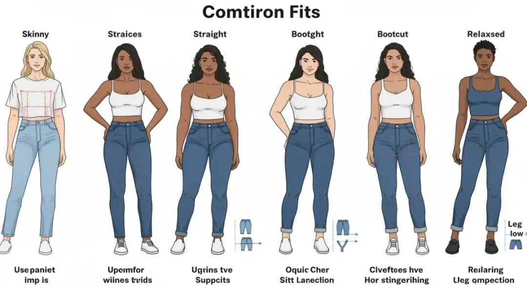 Tabla comparativa de estilos de vaqueros (skinny, recto, bota) en diferentes tipos de cuerpo.