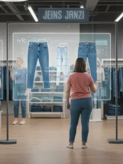 Mujer feliz probándose virtualmente unos vaqueros en una pantalla interactiva, con tablas de tallas flotantes.