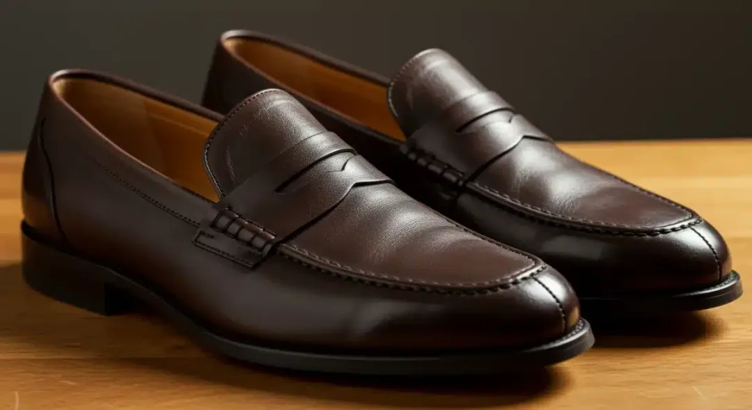 Primer plano de mocasines clásicos de cuero para hombre, destacando la artesanía y el material.