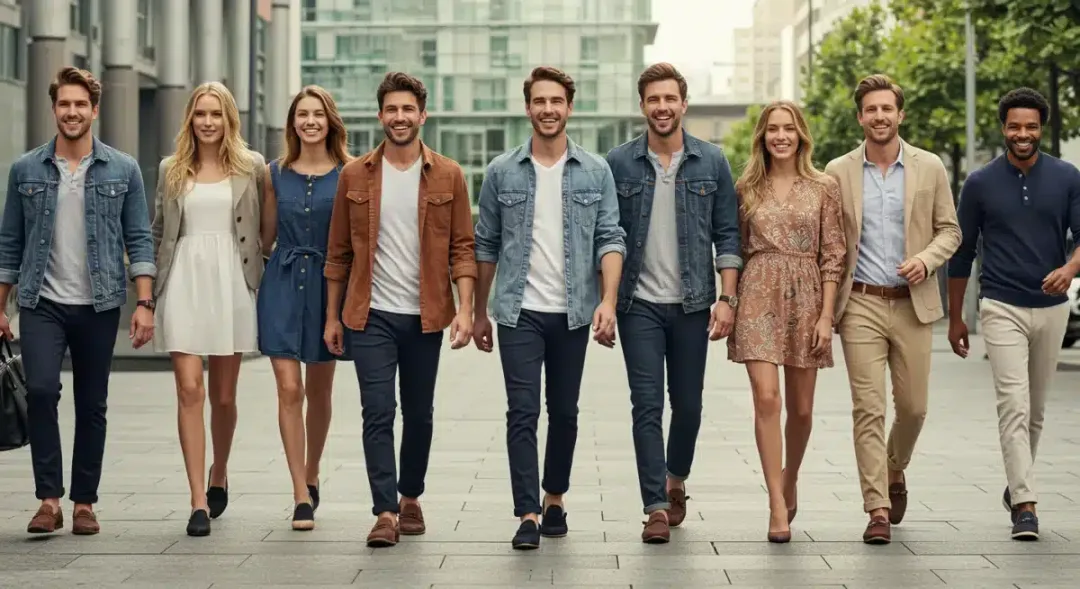 Grupo de personas diversas luciendo mocasines cómodos y elegantes en un entorno urbano moderno.