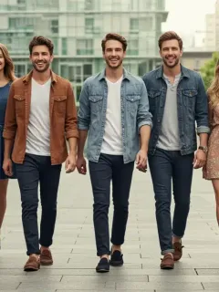 Grupo de personas diversas luciendo mocasines cómodos y elegantes en un entorno urbano moderno.