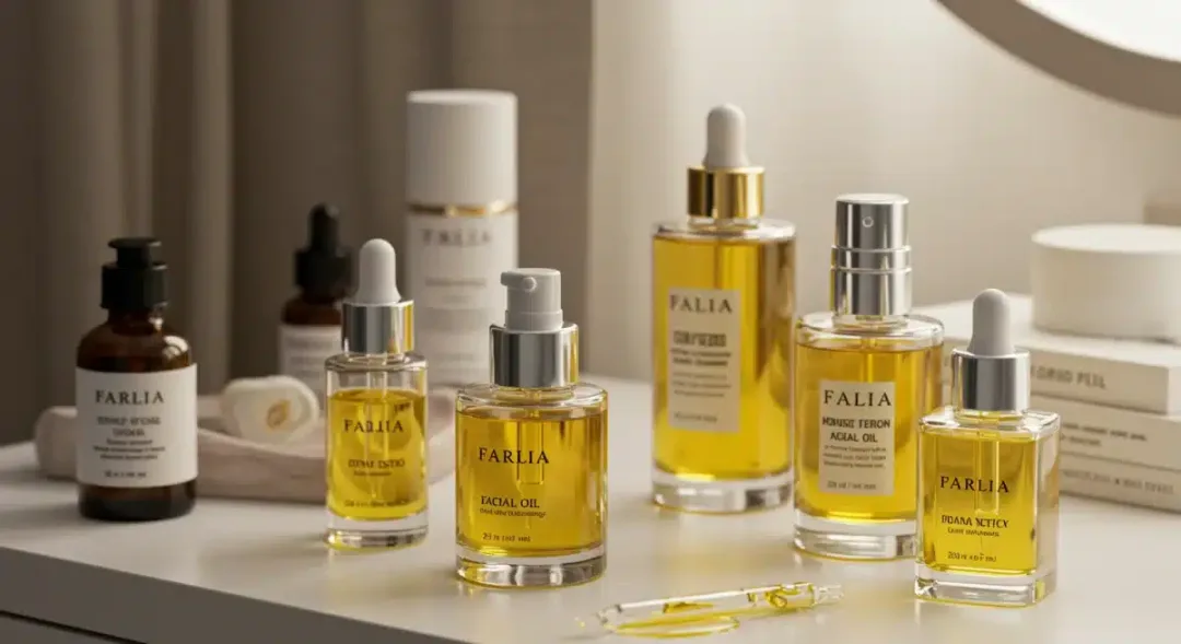 Botellas de aceites faciales premium sobre una mesa de tocador elegante.
