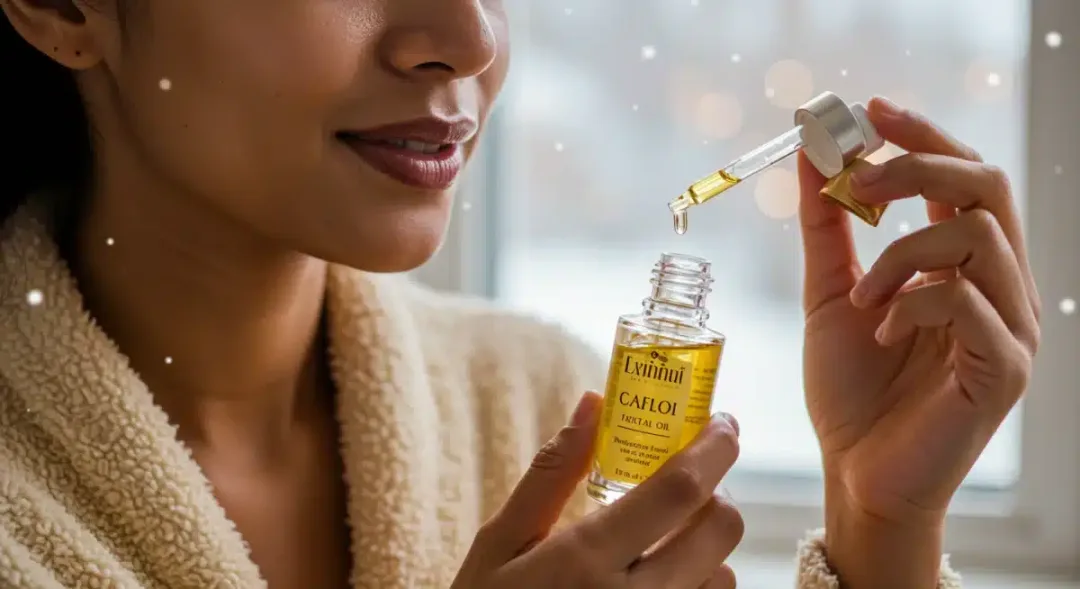 Mujer aplicando aceite facial en su piel radiante en un entorno invernal cálido.