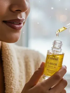 Mujer aplicando aceite facial en su piel radiante en un entorno invernal cálido.