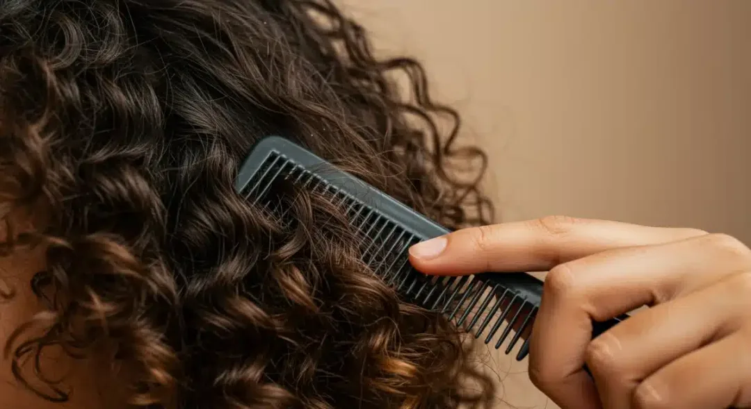 Persona con cabello rizado desenredando con un peine de púas anchas, mostrando cuidado capilar.
