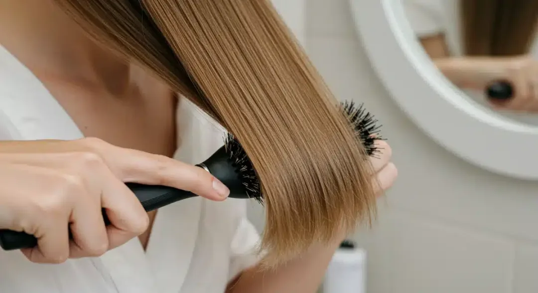 Mujer cepillando su cabello liso y fino con un cepillo de cerdas de jabalí para mayor brillo.