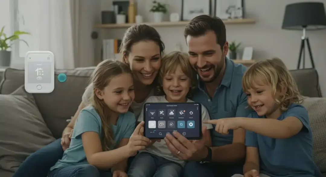 Familia utilizando una aplicación móvil para controlar su termostato inteligente y dispositivos del hogar.