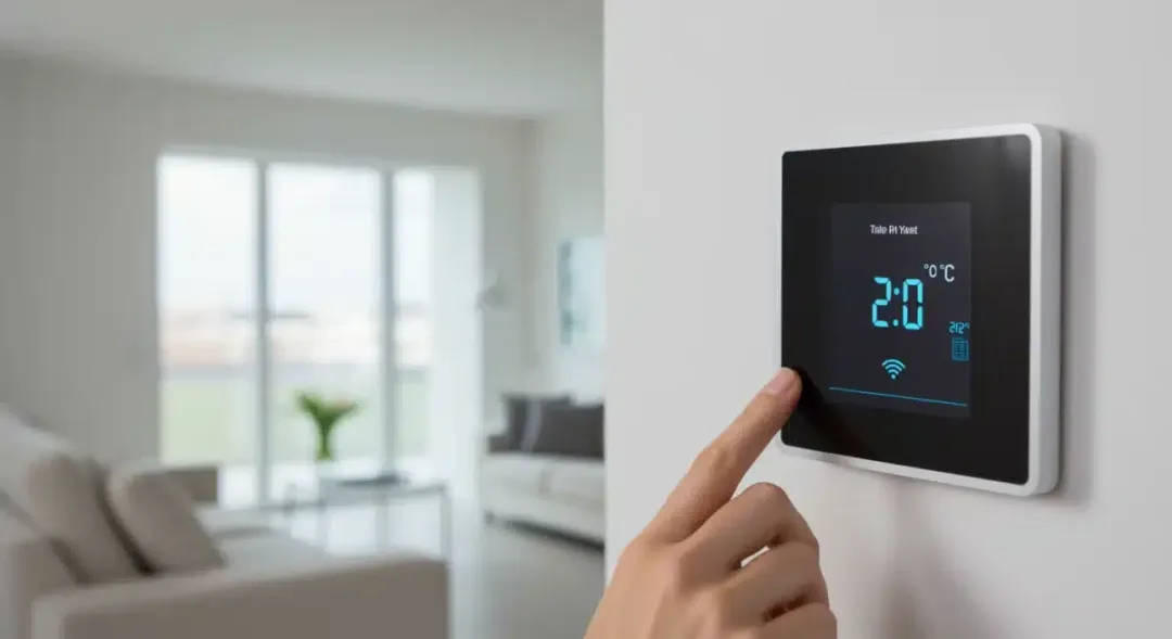 Termostato inteligente moderno instalado en pared blanca de salón, mostrando temperatura digital y símbolo Wi-Fi.