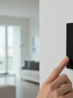 Termostato inteligente moderno instalado en pared blanca de salón, mostrando temperatura digital y símbolo Wi-Fi.