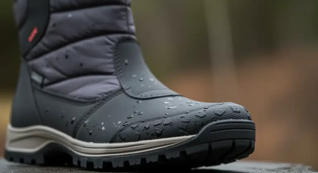 Detalle de suela y material impermeable de bota de invierno para mujer.