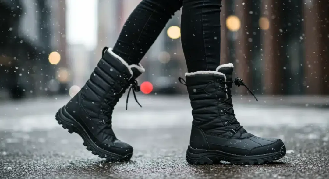 Mujer con botas de invierno impermeables y con agarre, caminando por la nieve con estilo.