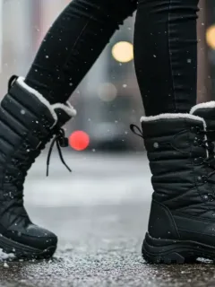 Mujer con botas de invierno impermeables y con agarre, caminando por la nieve con estilo.