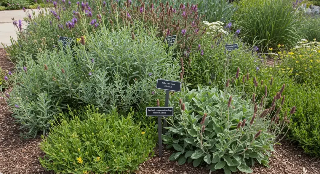 Variedad de plantas nativas vibrantes y resistentes a la sequía en un jardín estadounidense, ideales para paisajismo sostenible.