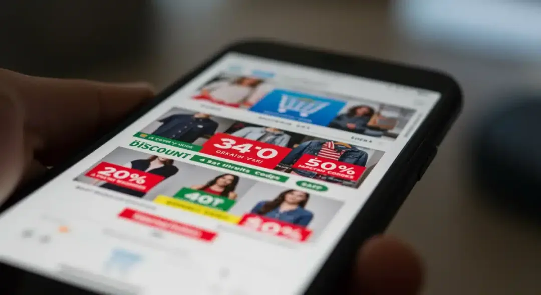 Pantalla de móvil mostrando descuentos online en ropa