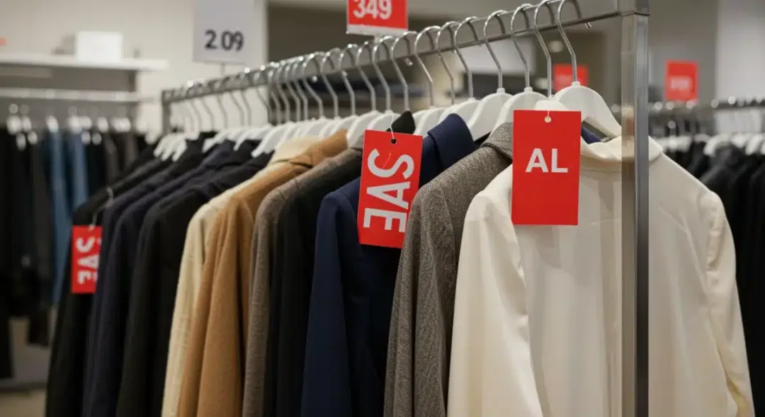 Perchero de ropa con etiquetas de rebajas en tienda