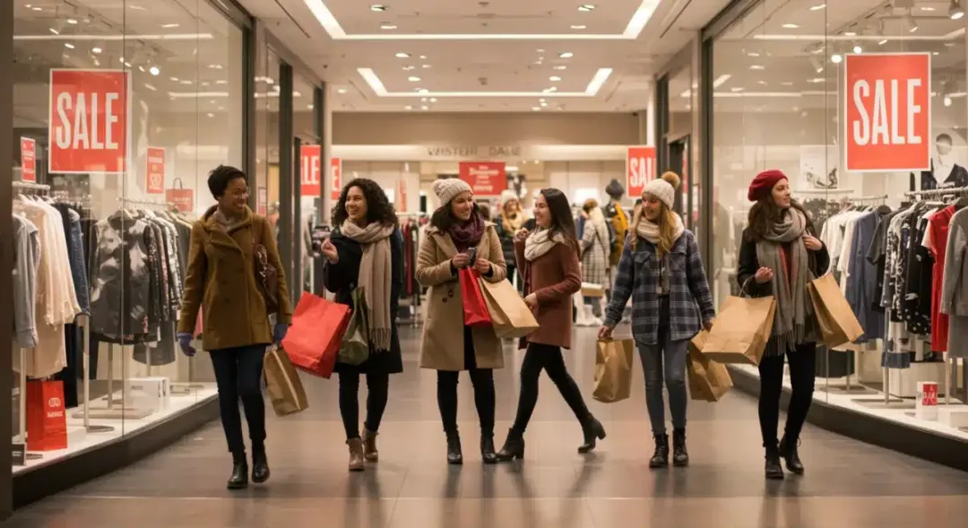 Gente comprando ropa con descuentos en un centro comercial de Estados Unidos en enero