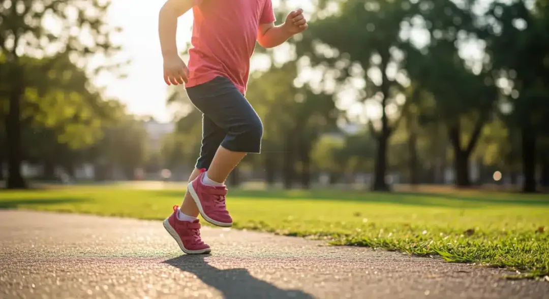 Niño feliz corriendo en un parque con zapatos deportivos cómodos y bien ajustados.