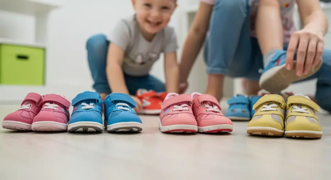 Variedad de calzado infantil de diferentes colores y tallas, con un niño probándose un zapato.